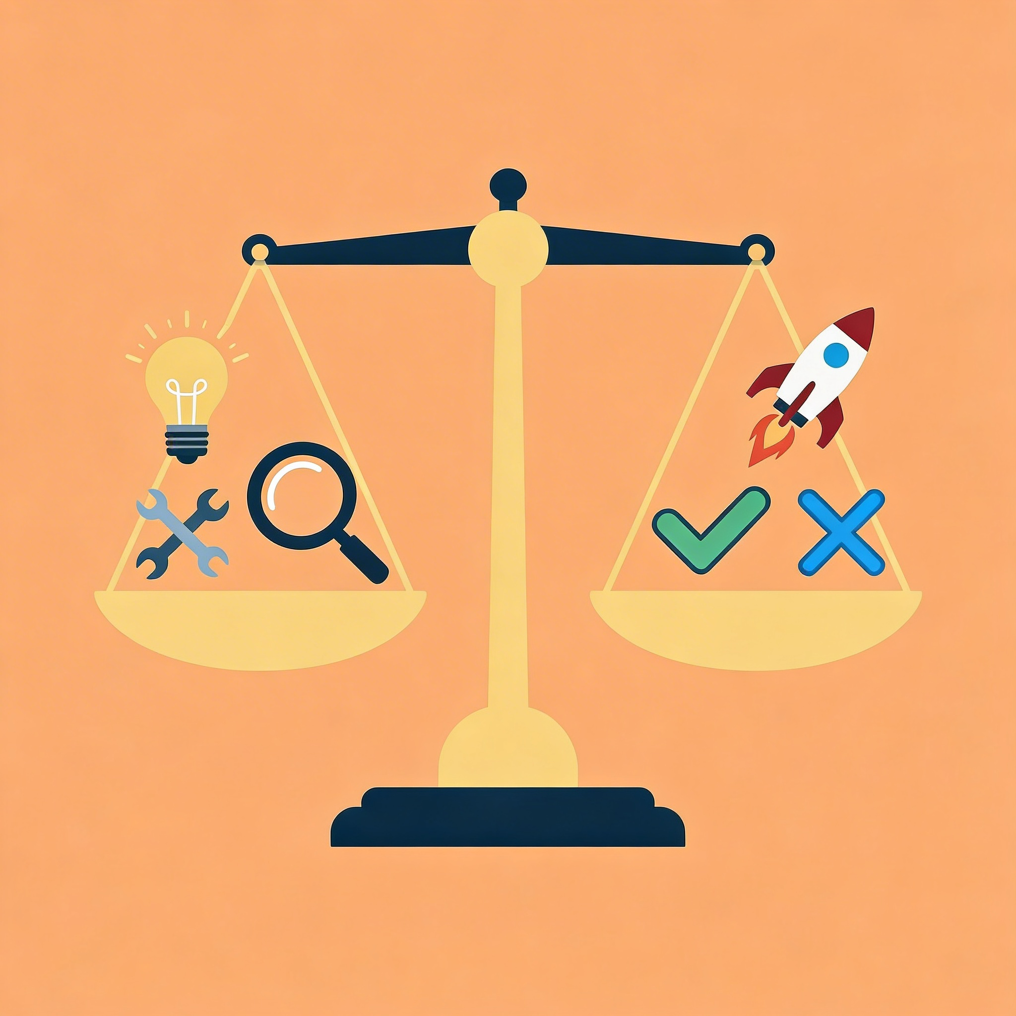 Balance scale with extensive features on one side and specific project needs on the other